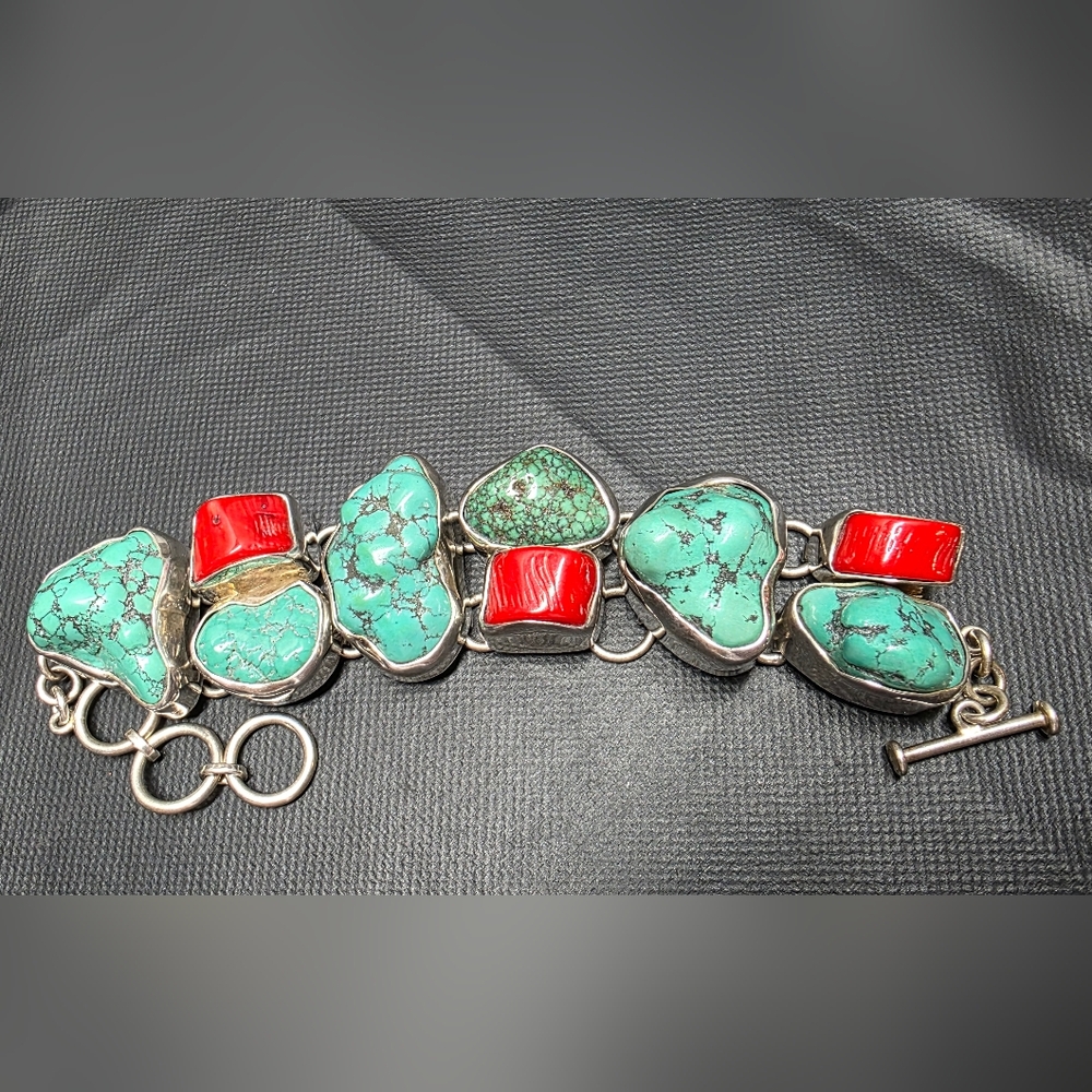 Massive 112g 925 Sterling Turquoise & Coral Statement Toggle Bracelet Adjustable
